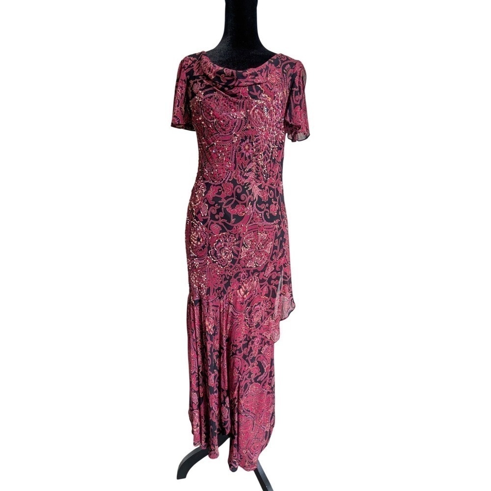 Vintage Y2K Romantic Goth Jewel Tone Embellished Beaded Dark Floral Midi Dress